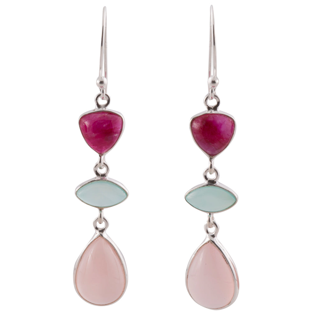 Three sisters dangle stone earring pink chalcedony ruby chrysoprase