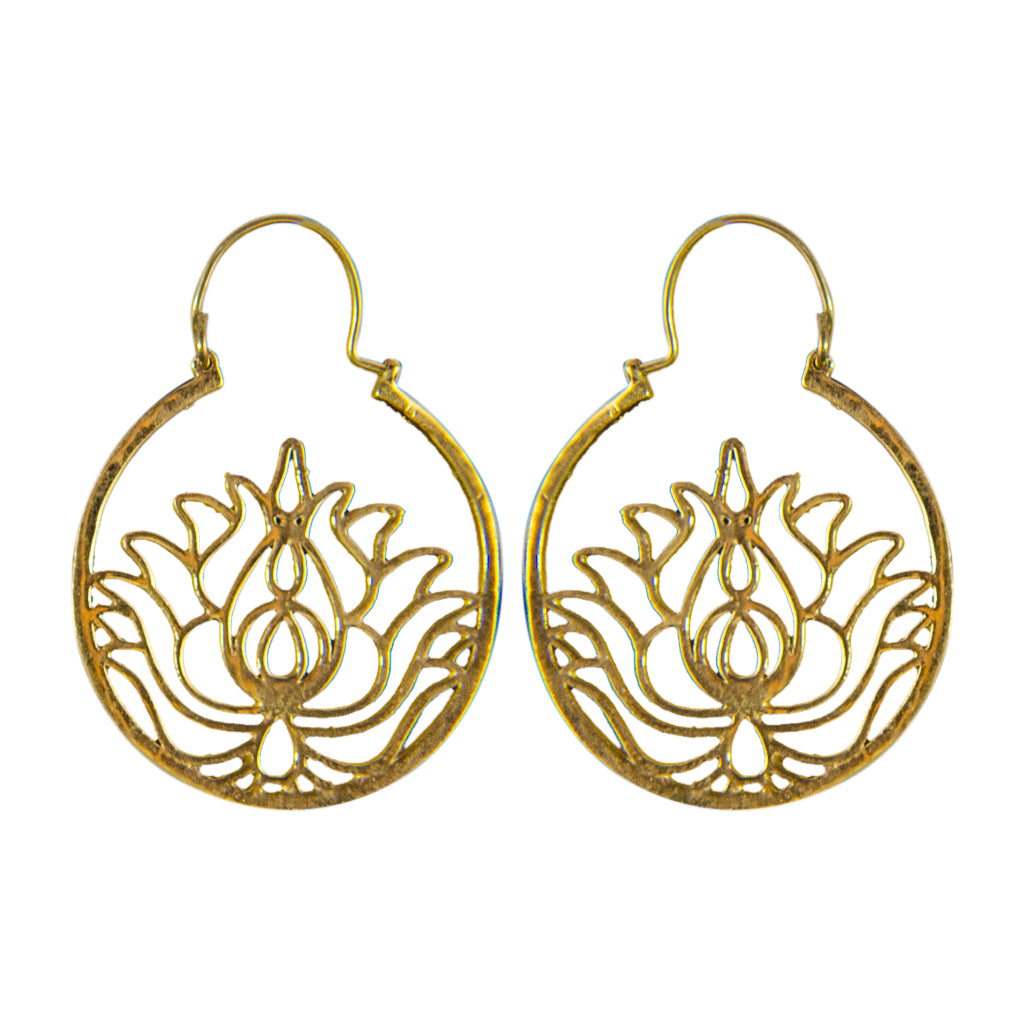 brass hoop earring lotus flower boho stylish trendy swirl yogi yoga jewelry