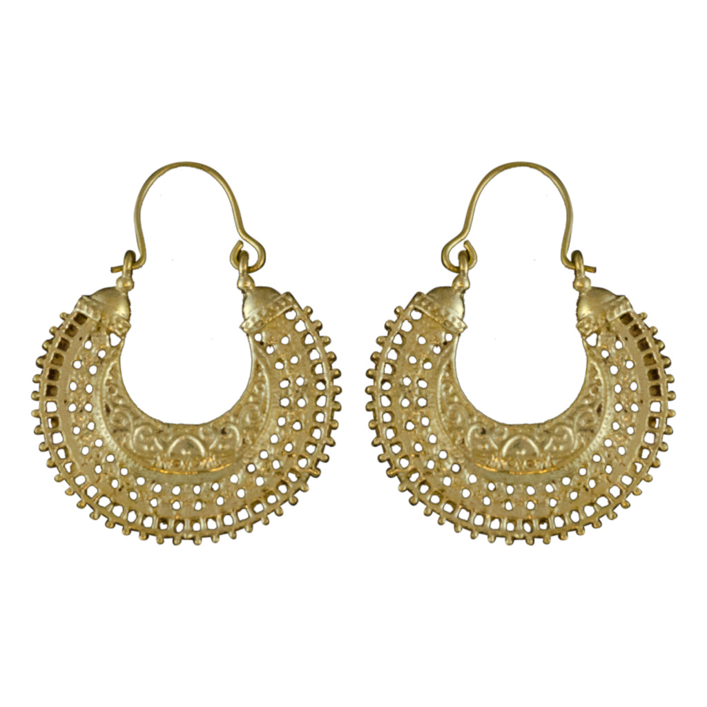 Champagne ornate brass hoop earring classy classic chic roman boho style 