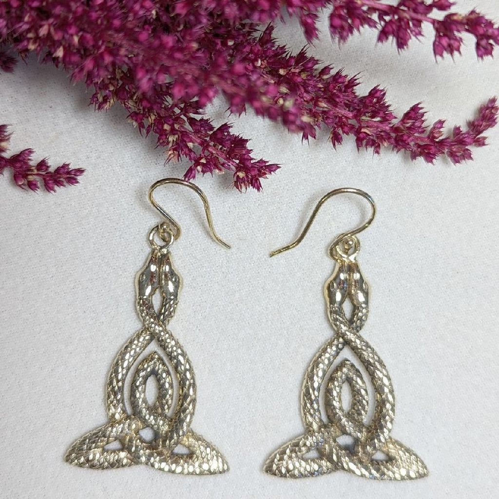 Triquetra Celtic Knot Snake Brass Dangle Earrings