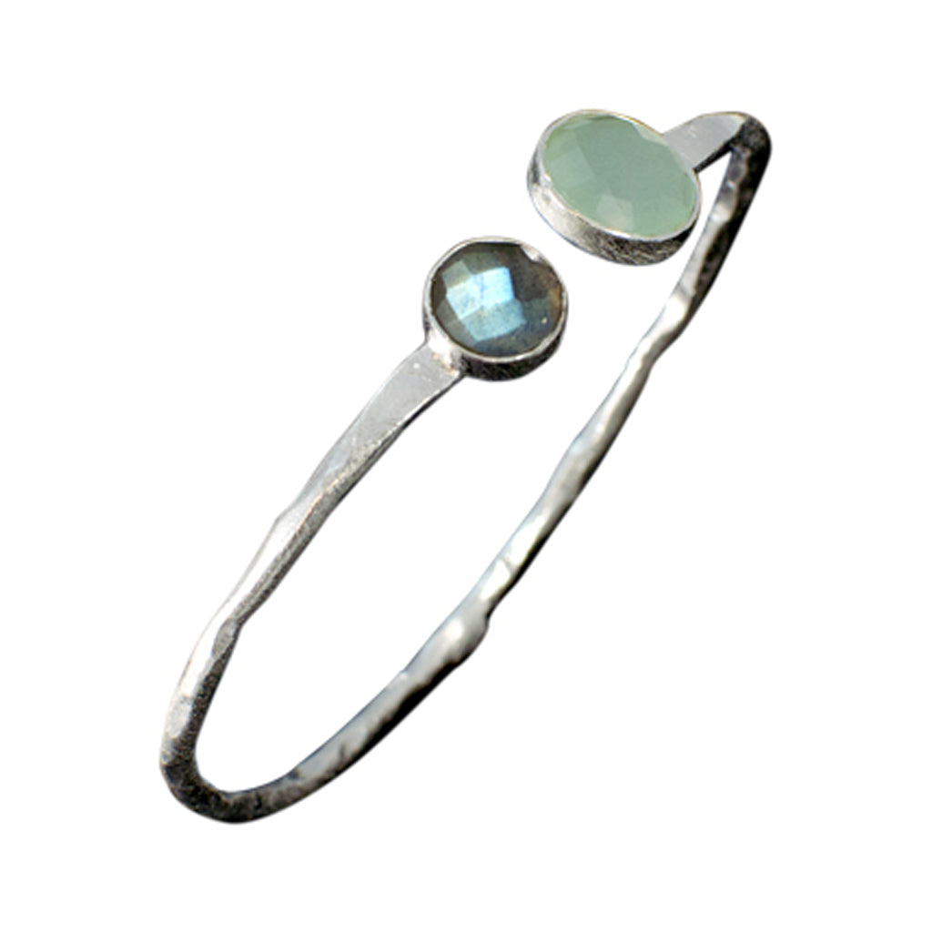 brushed silver cuff bangle bracelet stone labradorite chalcedony green blue 