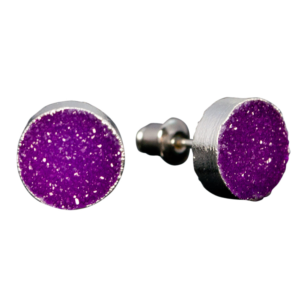 simple cute sparkle purple druzy stone silver post stud earrings