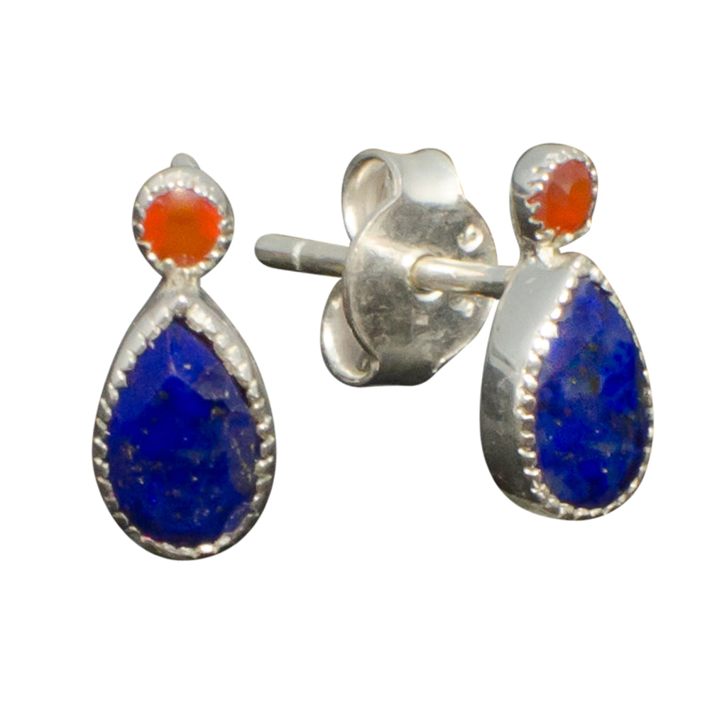 Lapis Carnelian Stone Earring Small Tiny Cute Delicate Pretty Orange Blue Silver Post Stud 
