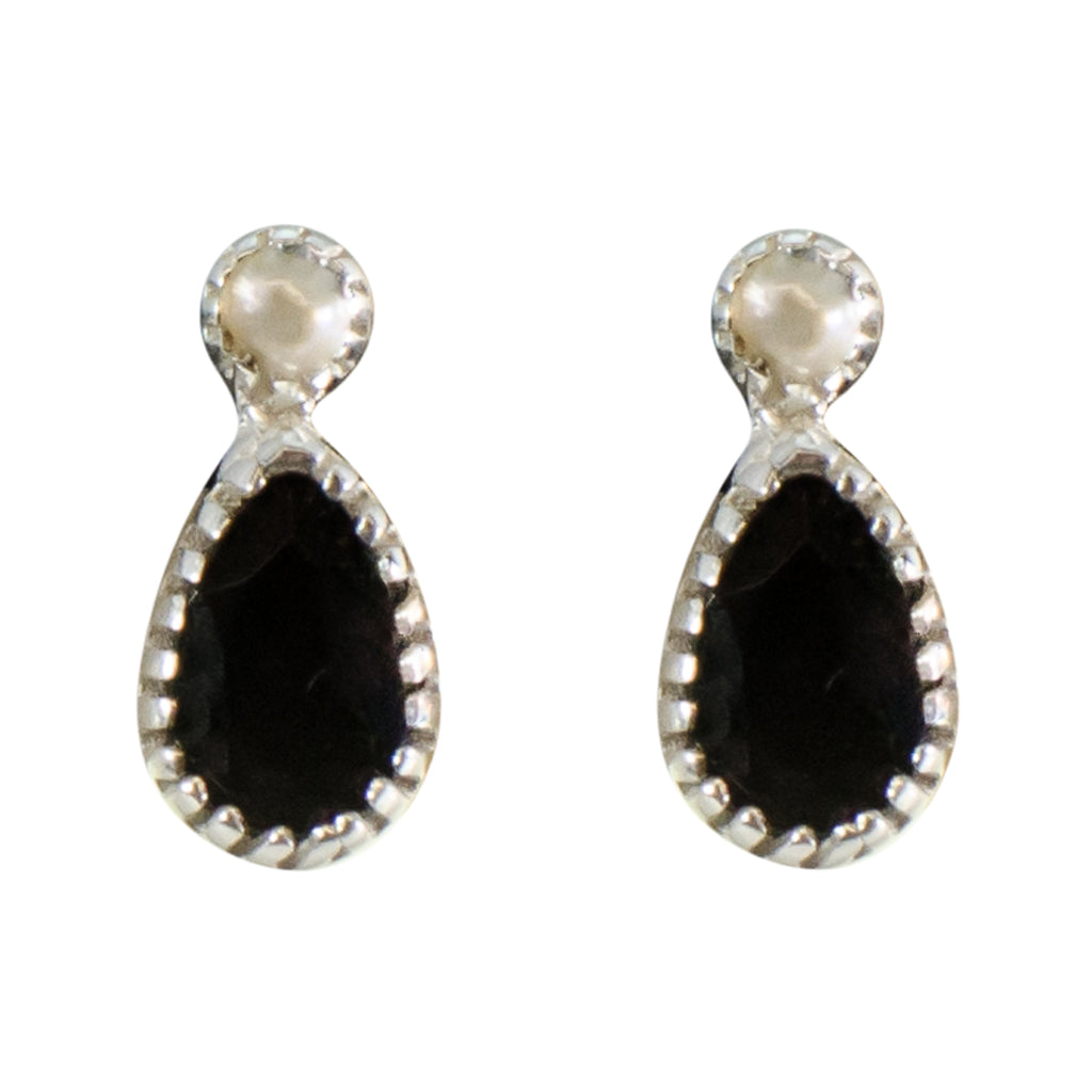 Onyx Pearl Black Earring Small Tiny Cute Delicate Post Stud Pretty Sparkly Stone Silver