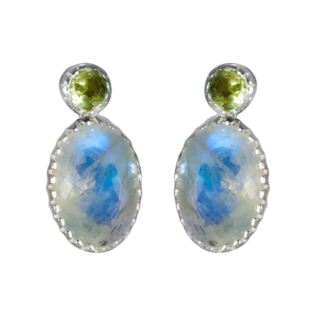 Peridot Rainbow moonstone post silver earring faceted oval delicate stone 