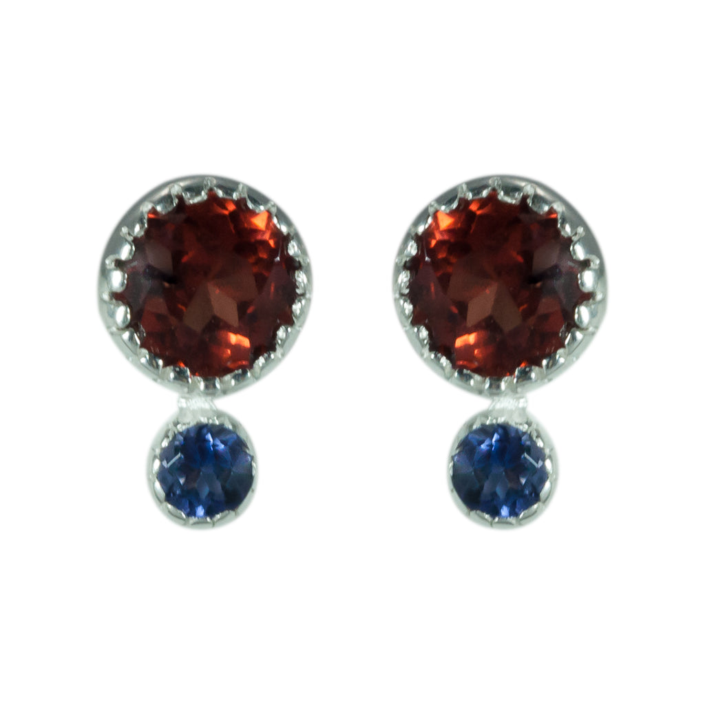 garnet iolite faceted stone round post earring teensy small 