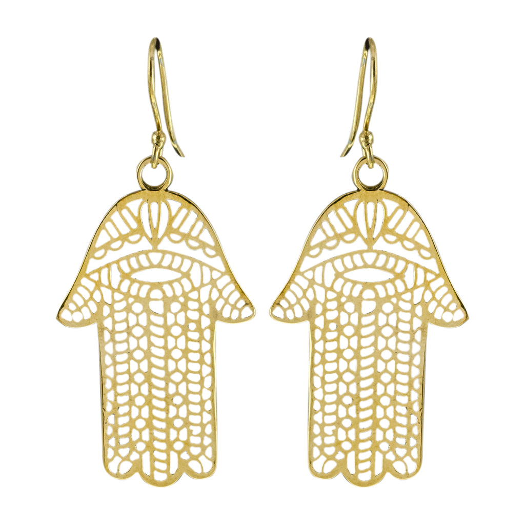 Large Brass Dangle Earring Hamsa Hand Design Intricate Boho