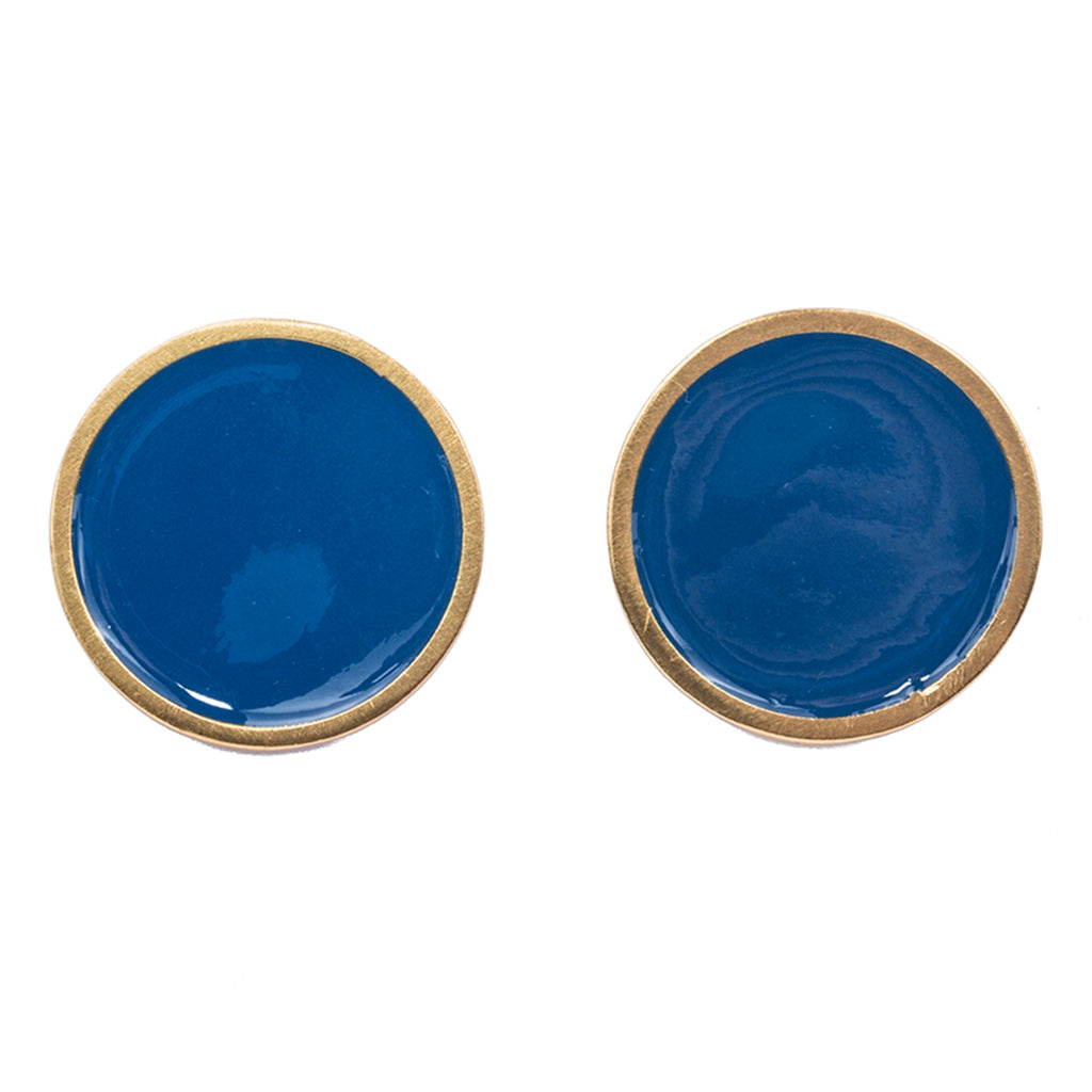 Blue big dot circle large round post earring enamel gold plate affordable