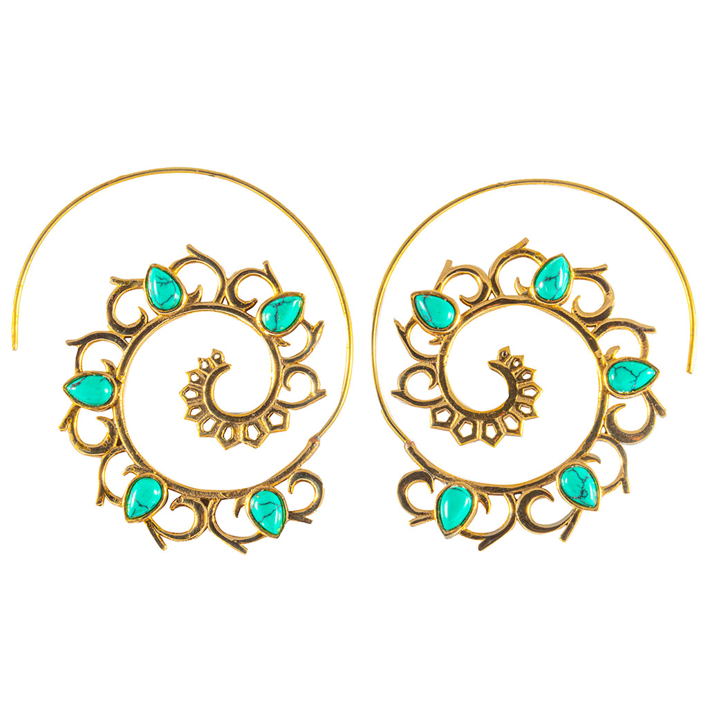 Turquoise Swirl Brass Hoop Earrings