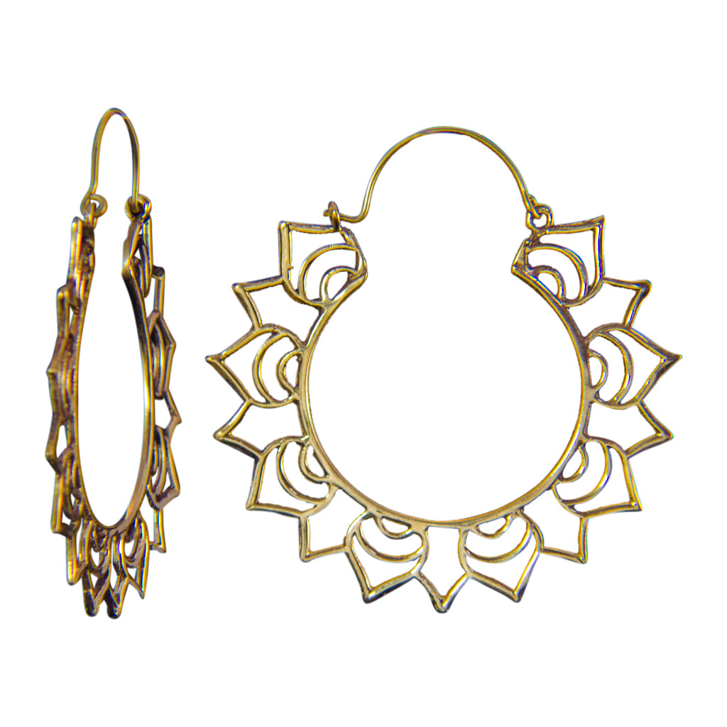 lotus flower petal brass hoop earring cute boho trendy yoga 