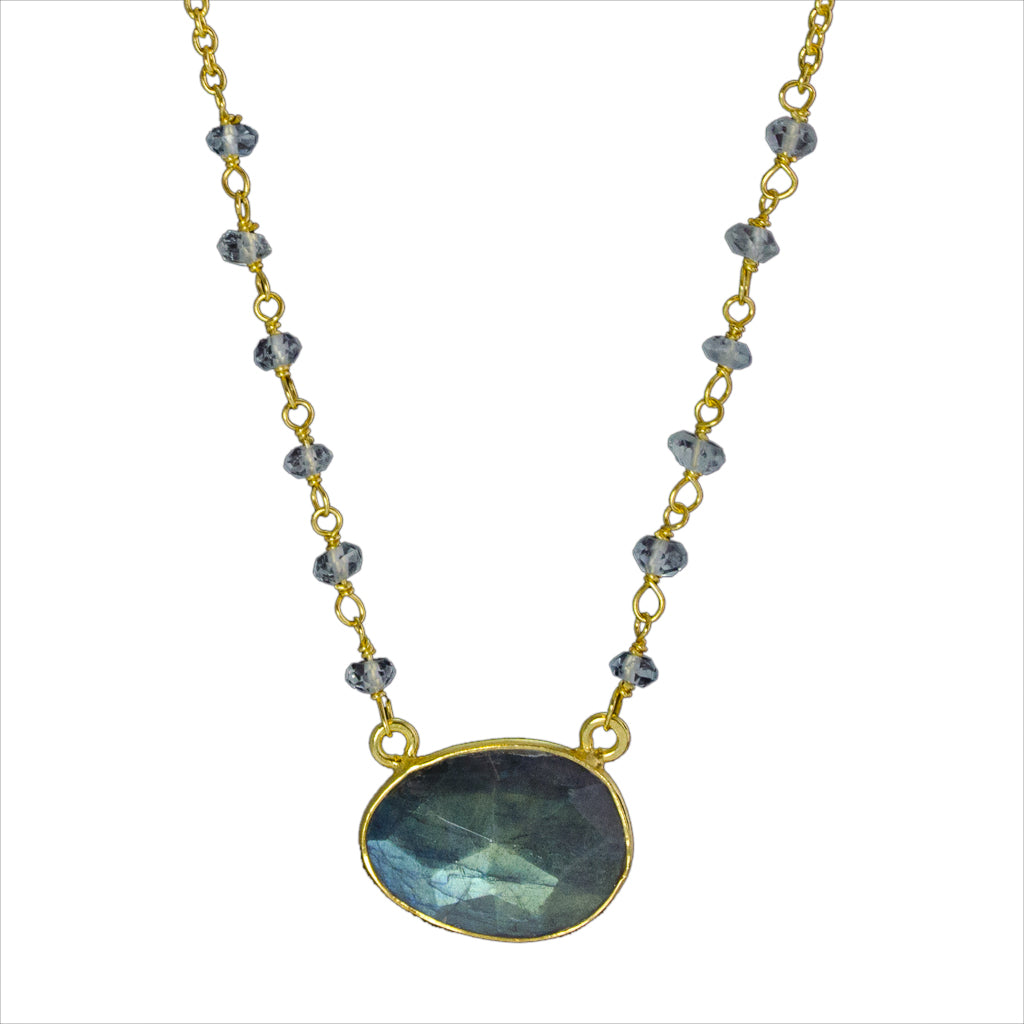 Vermeil Gold Necklace Labradorite Elegant Beaded Chain Stone