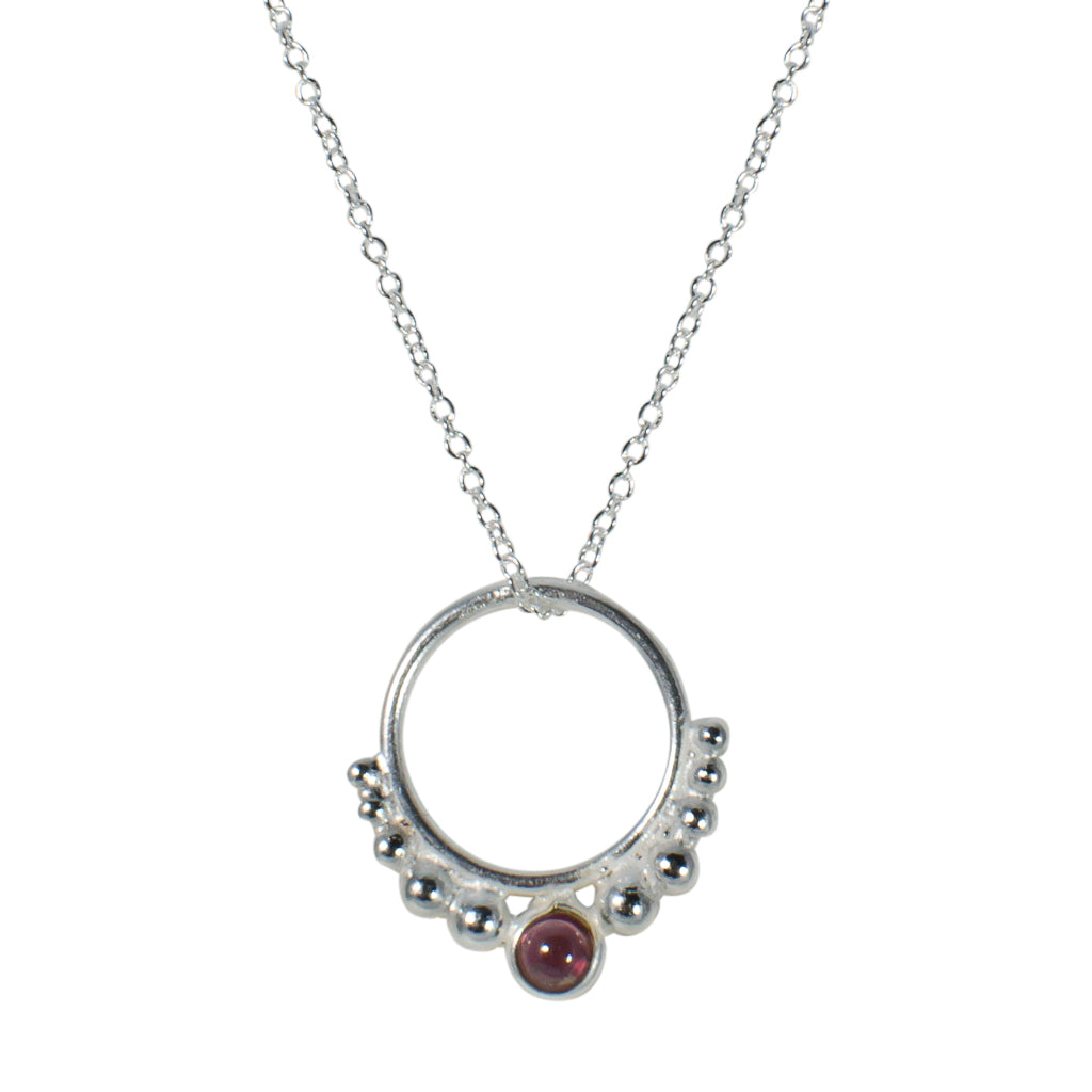 Hoop Necklace Circle Pendant Chain Sterling Silver Garnet Red