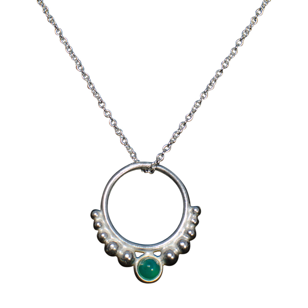 Hoop Necklace Circle Pendant Chain Sterling Silver Light Green Onyx