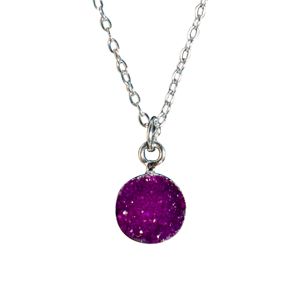 dainty purple pink druzy stone silver chain necklace circle