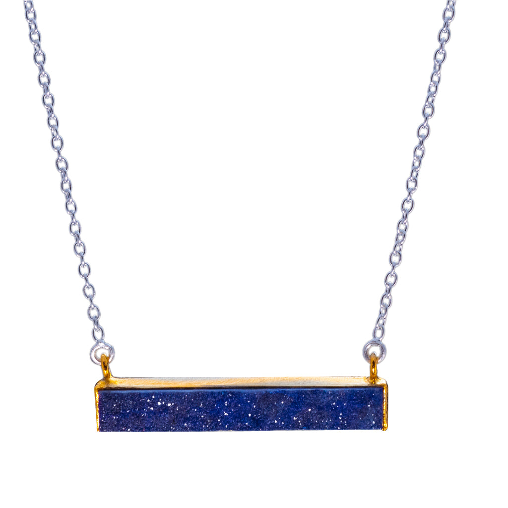 Blue Druzy Bar Necklace Vermeil Silver Chain Pretty Trendy Cute Colorful