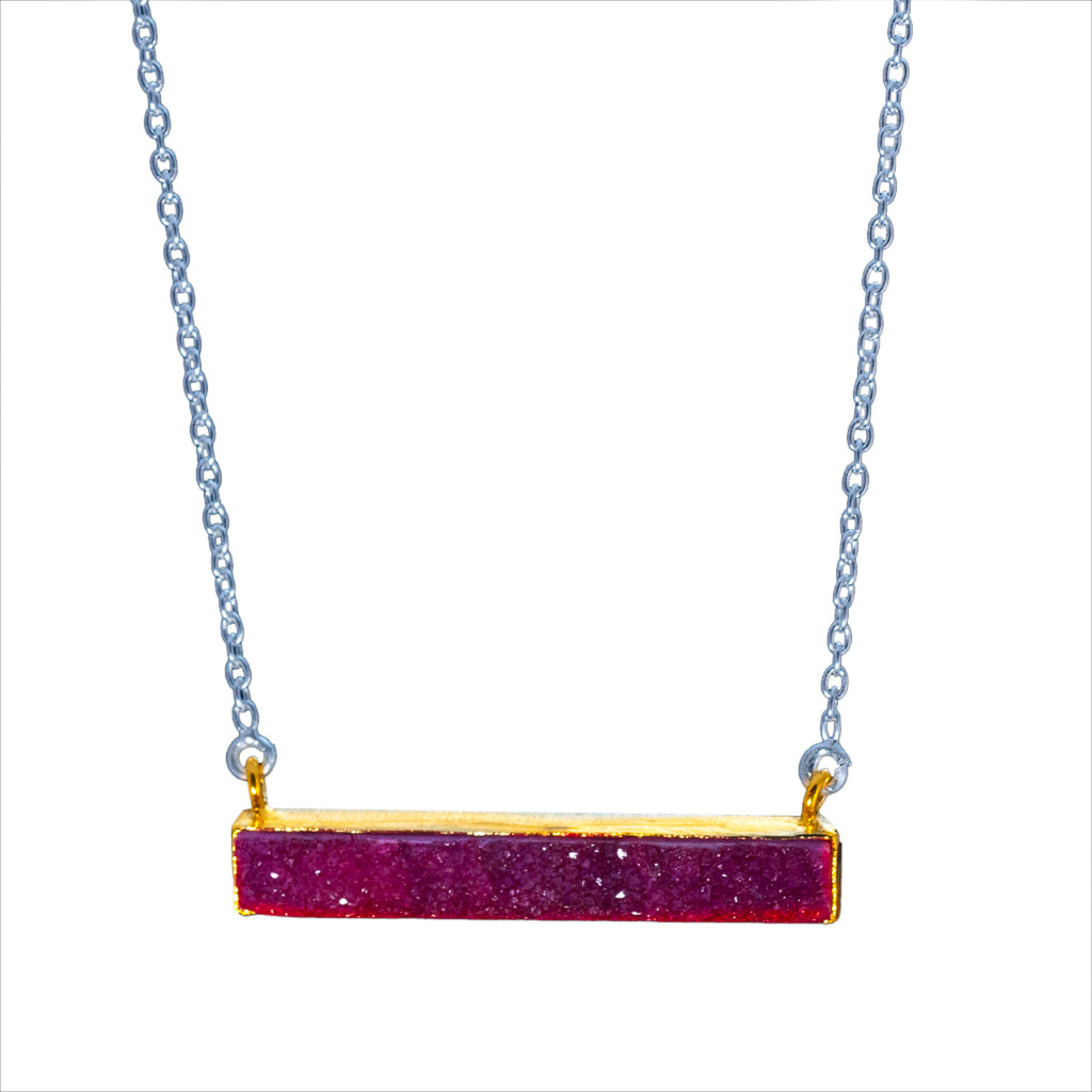 Pink Rose Druzy Sparkly Bar Necklace Trendy Cute Colorful 
