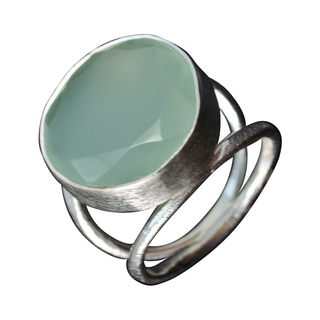 Chalcedony Stone Ring Large Brushed Pretty Trendy Boho Silver Round Affordable