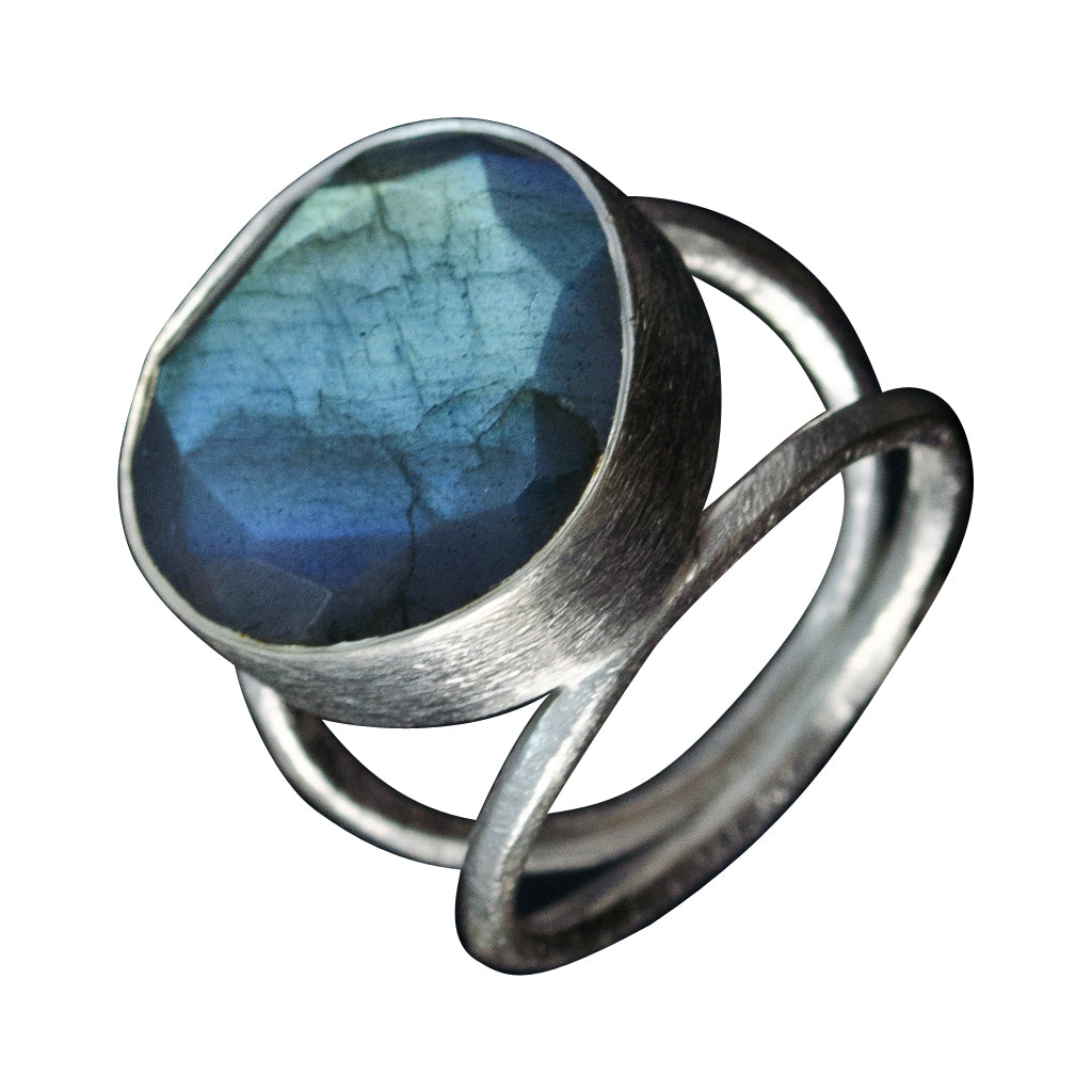 Labradorite Silver Stone Ring Large Round Brushed Stylish Boho Affordable