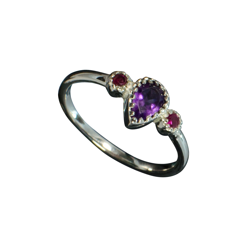 silver faceted amethyst and red ring cubic zirconia delicate dainty 