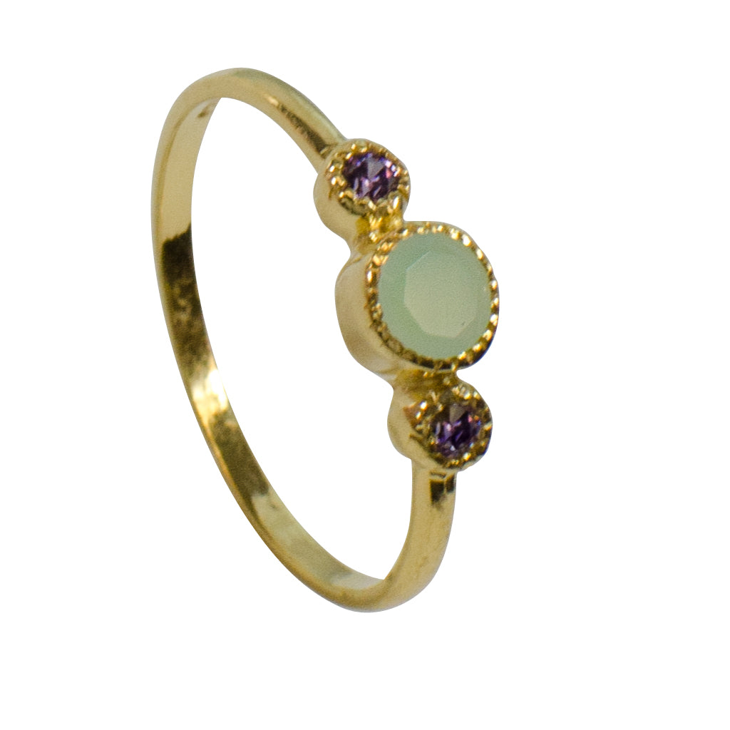 Chalcedony Green Purple Gold Vermeil Ring Sweet Delicate Intricate 