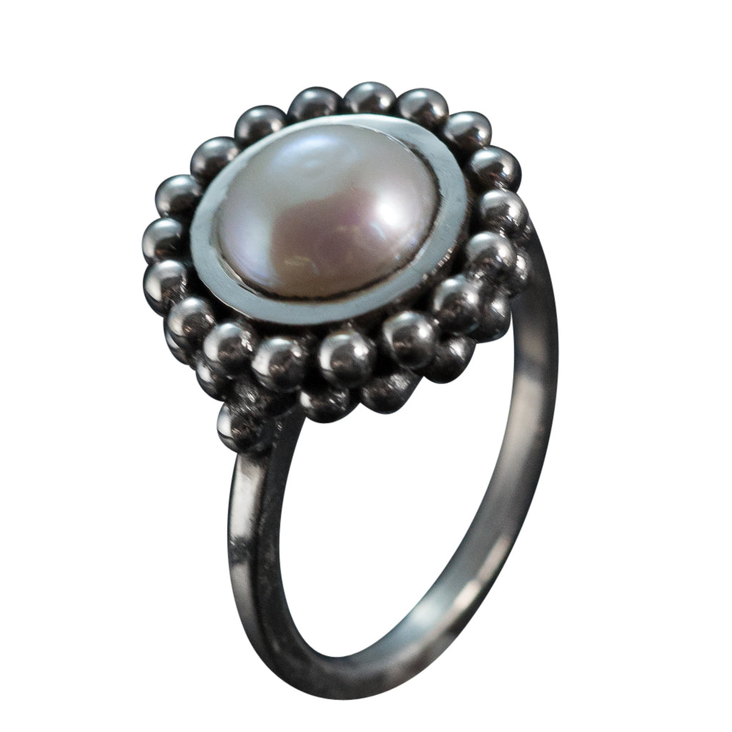Macaroon oxidized round pearl with double layer of dots ring cute trendy