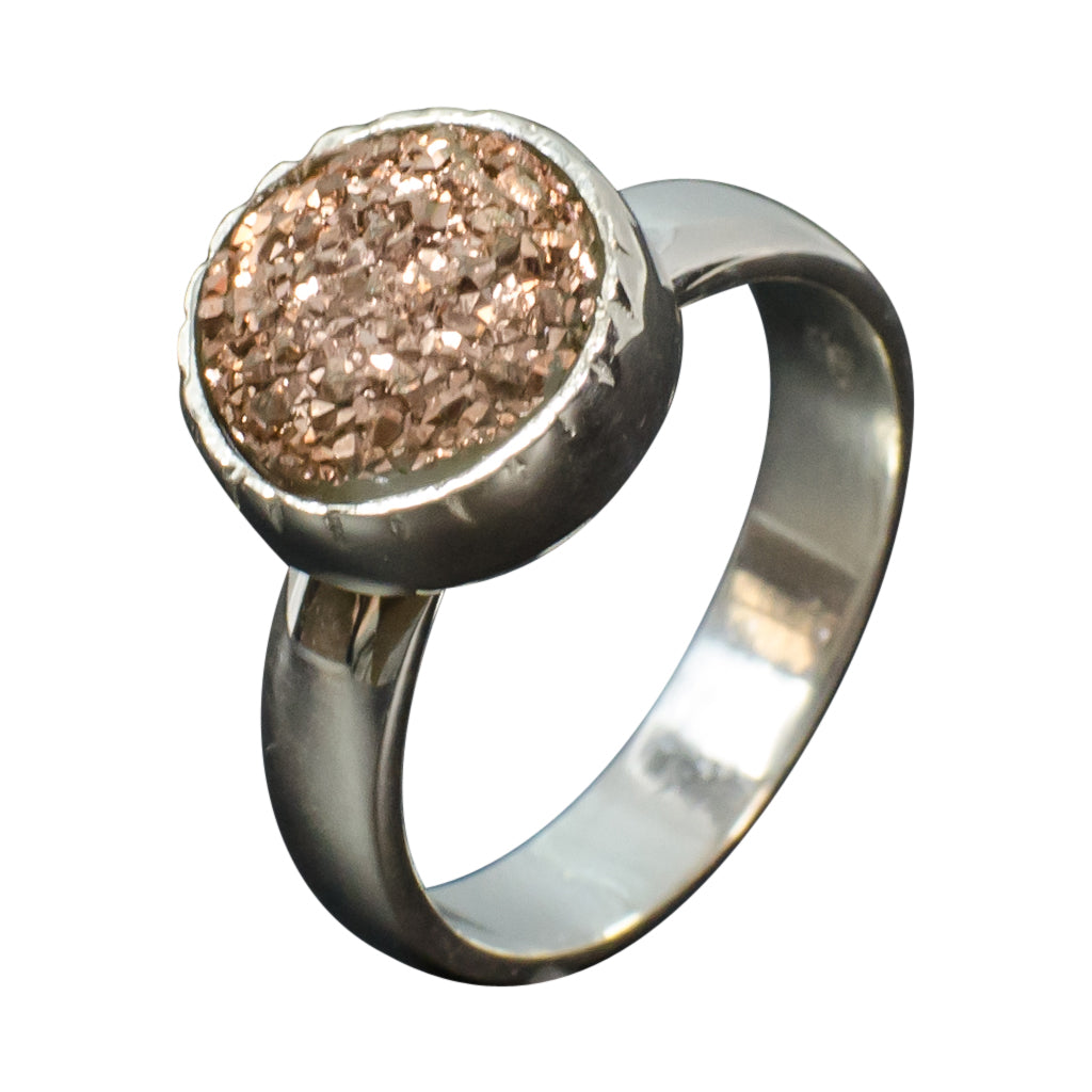 Peacock iridescent copper druzy ring rose gold silver stone 