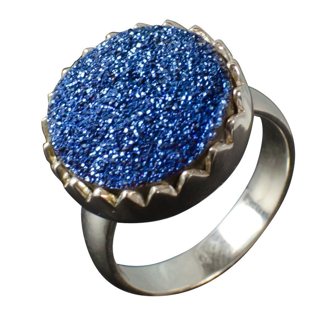 Blue Druzy Silver Ring Affordable Cute Trendy Boho Stylish Large Circle Peacock 