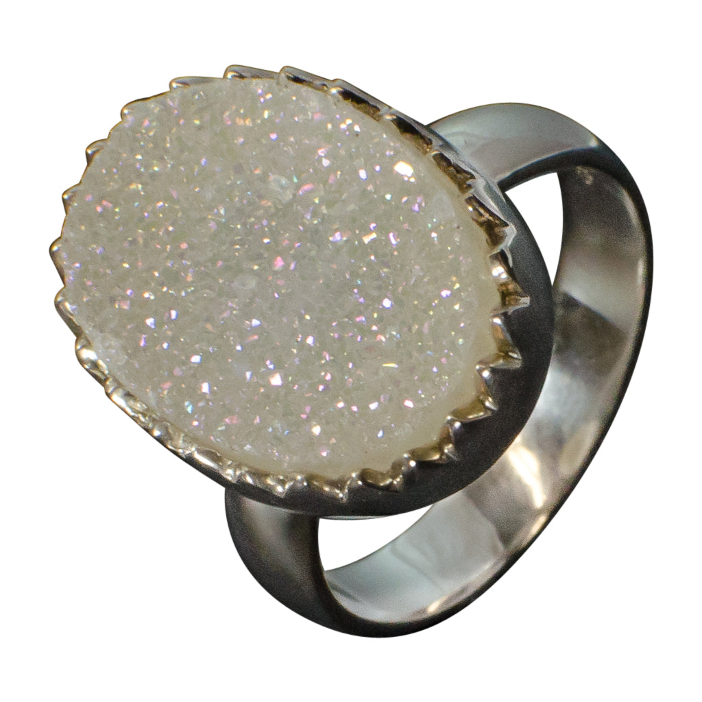 White Druzy Ring Silver Sparkly Trendy Affordable Oval