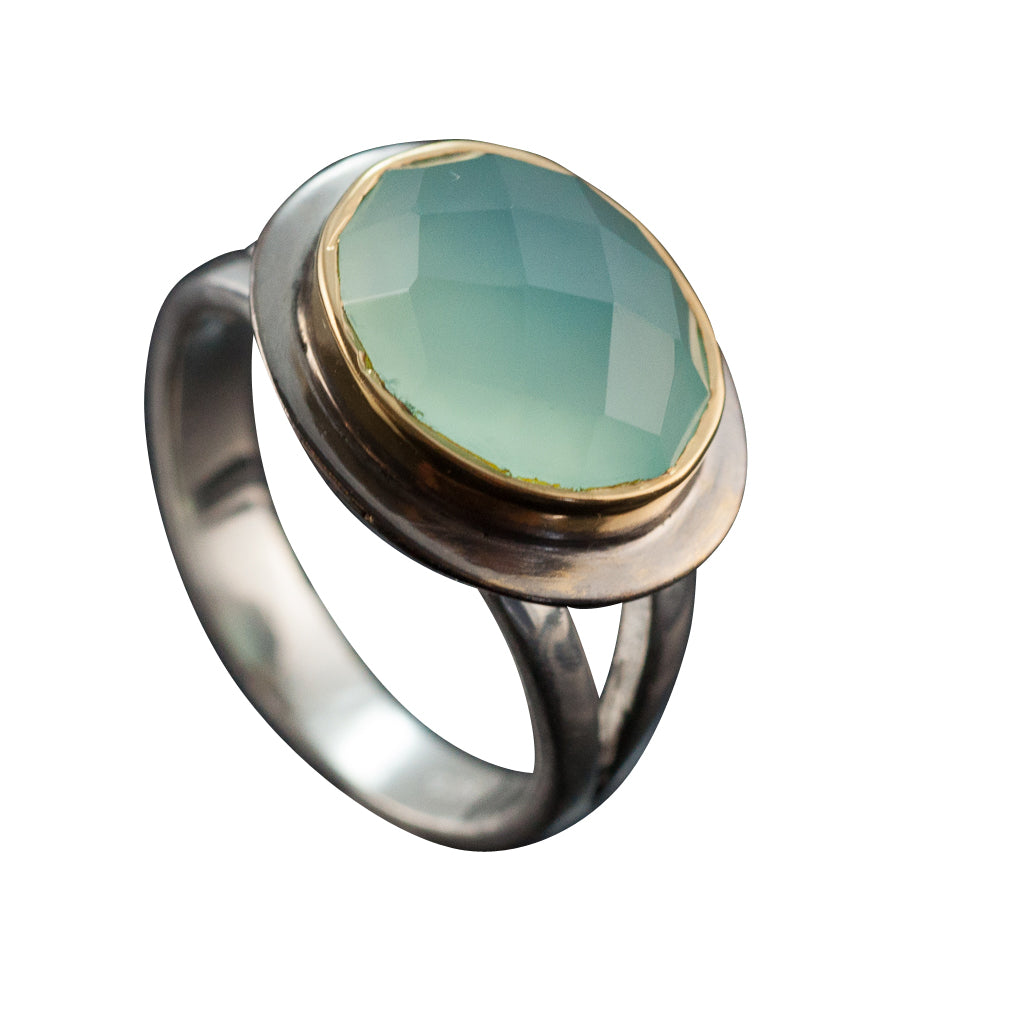 Our angelic Halo Ring features an oval faceted chalcedony stone with vermeil and oxidized bezel cute trendy classy 