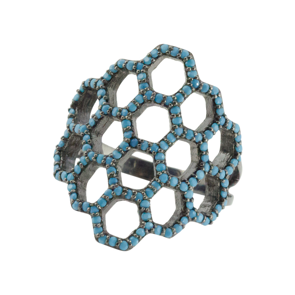  Turquoise dark rhodium honeycomb pattern ring intricate unique boho