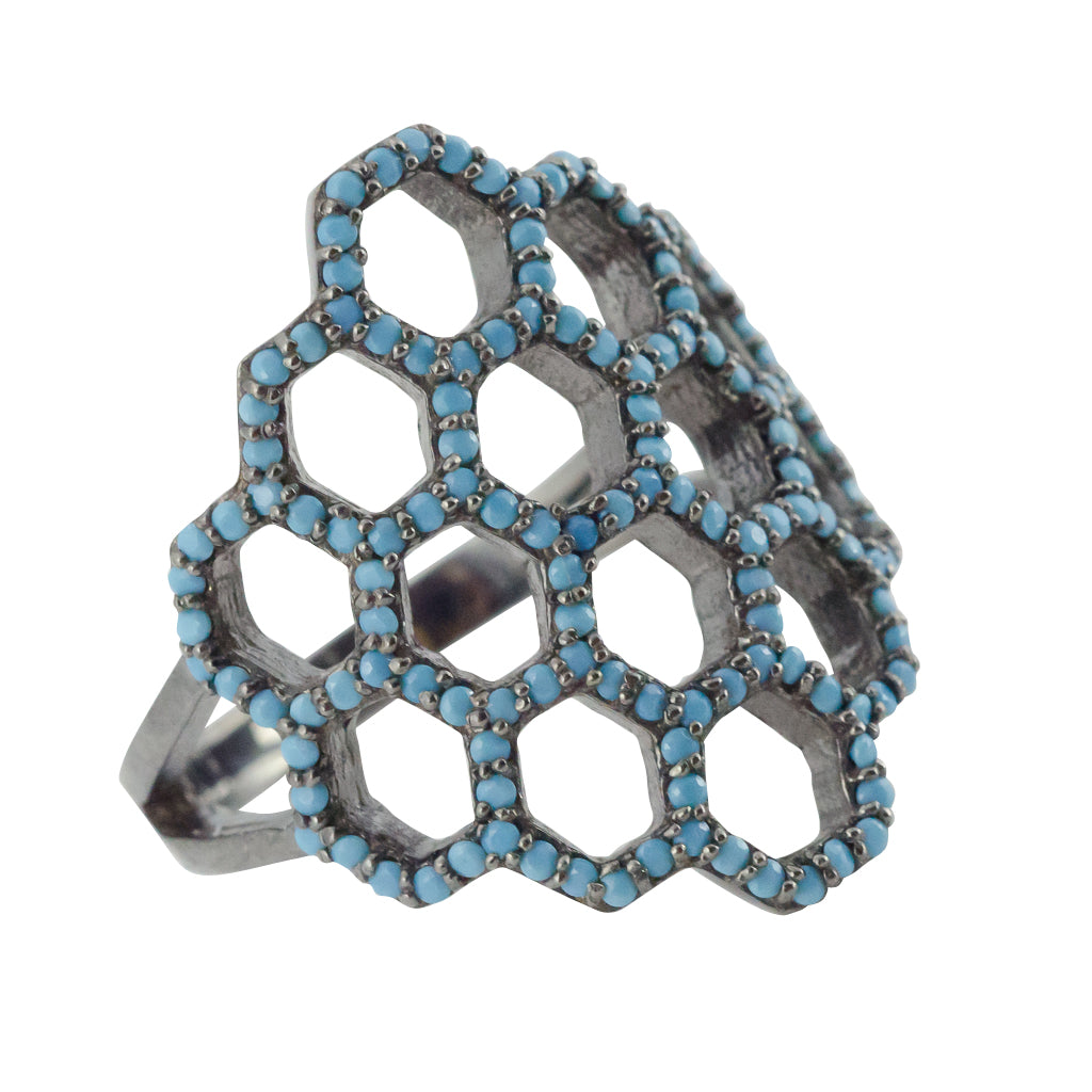  Turquoise dark rhodium honeycomb pattern ring intricate unique boho 