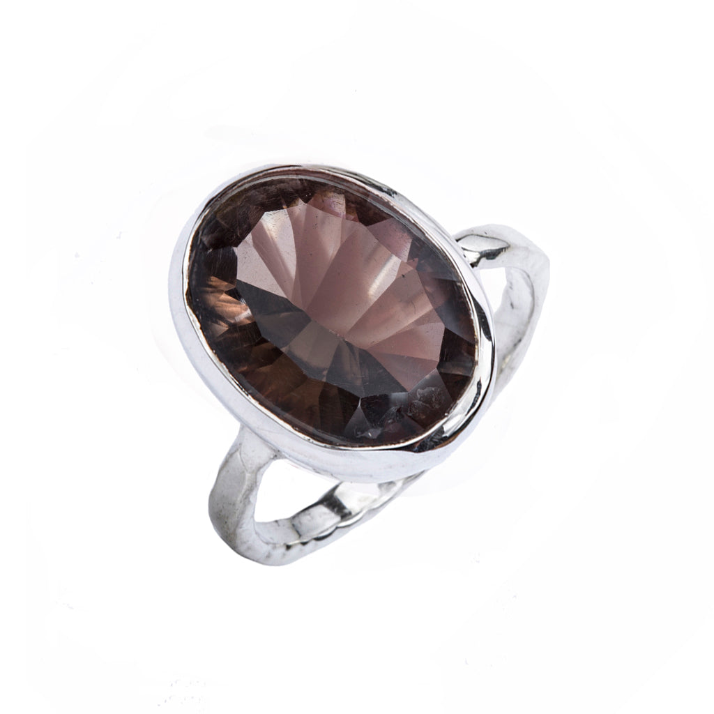 Silver smoky quartz affordable concave cut faceted stone ring 