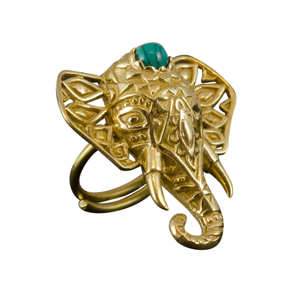 Adjustable brass ring, semi-precious stone ring, elephant head ring, brass jewelry, yoga collection