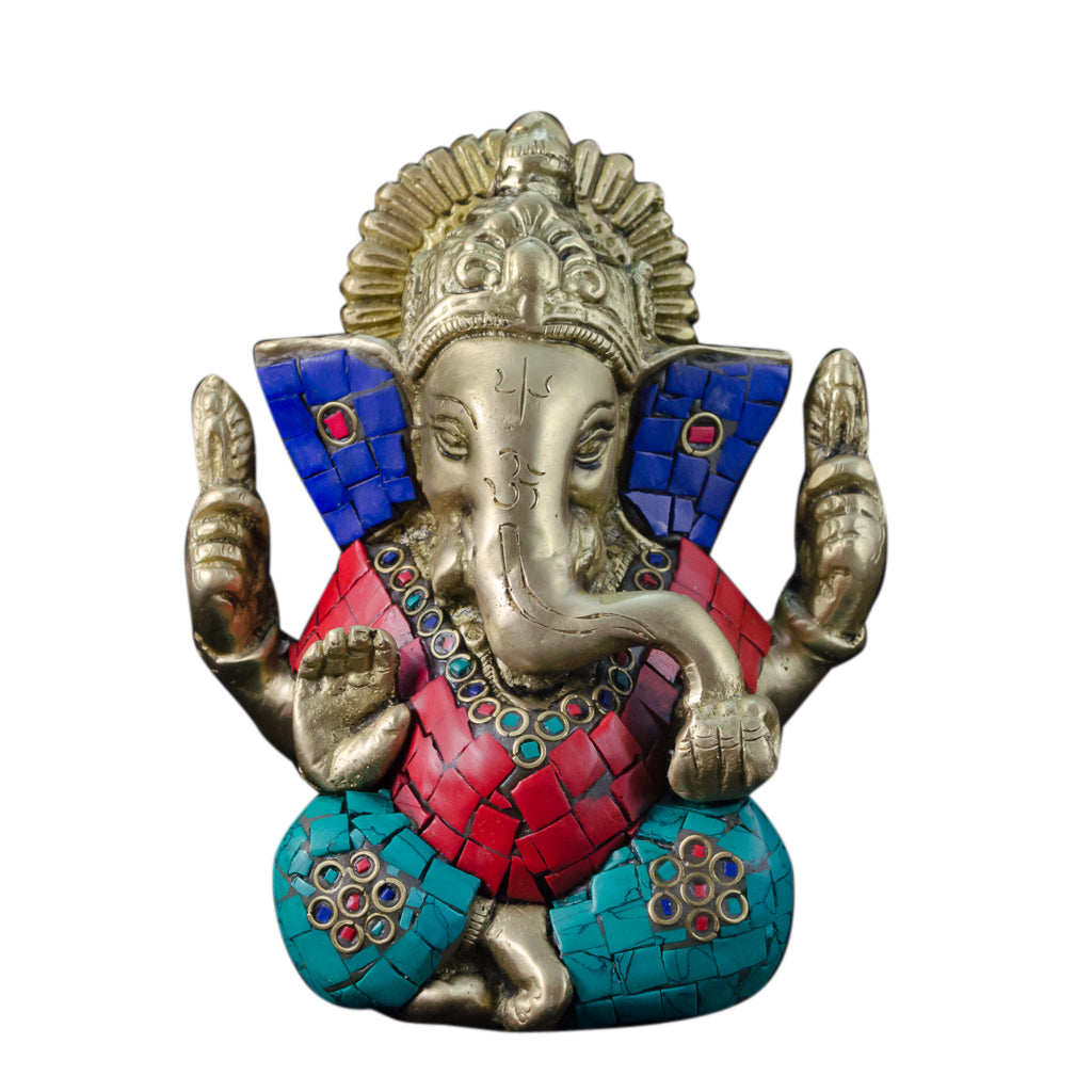Brass Ganesh With Stones Small Statue